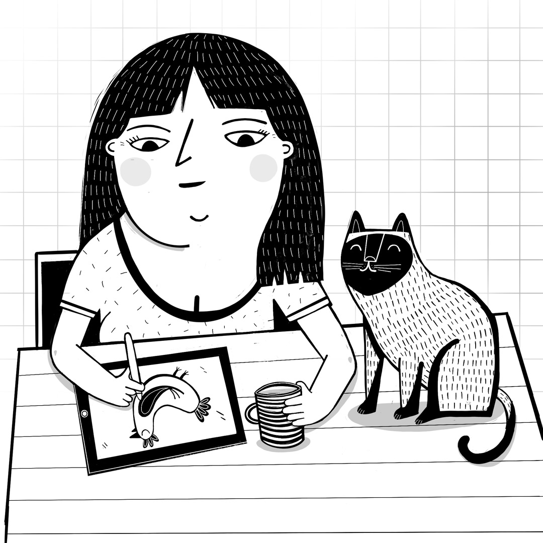 Mariela drawing a bird, having a cup of coffee and her cat on the table